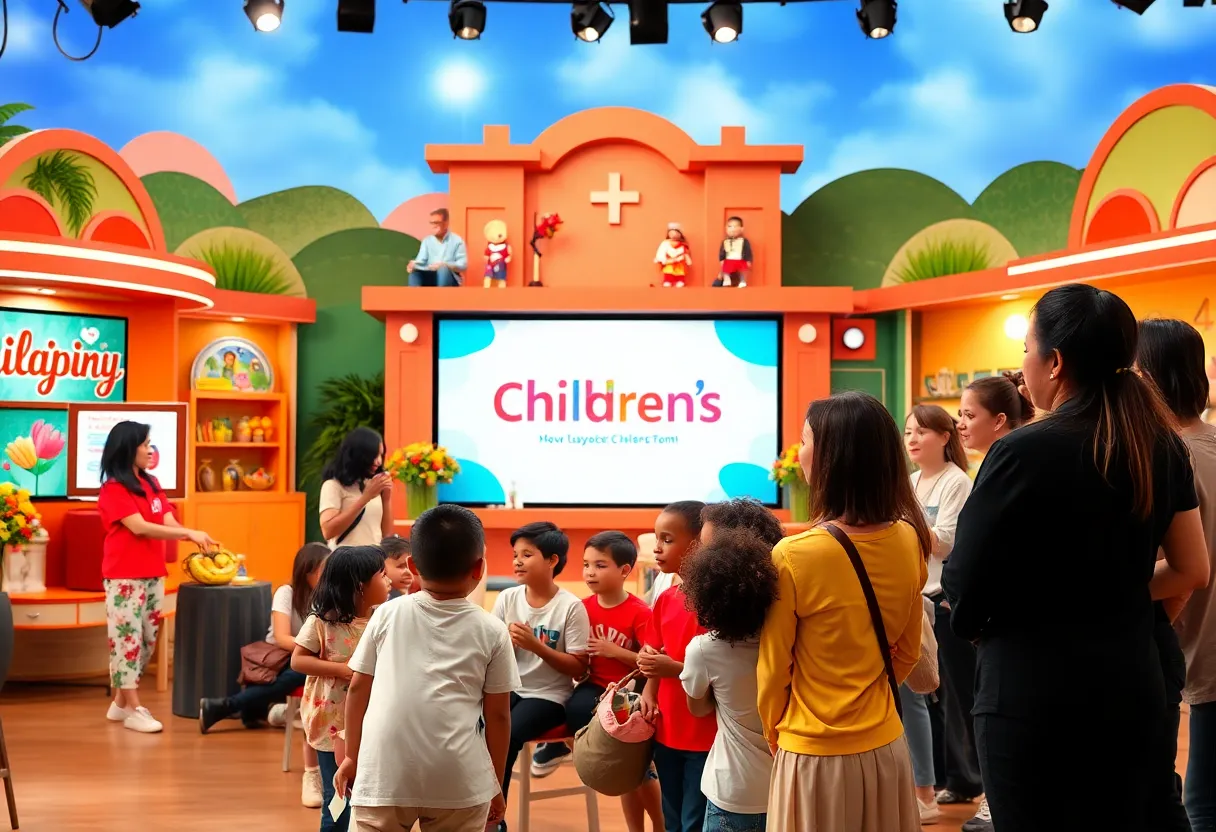Montage of a soap opera set and children's advocacy event