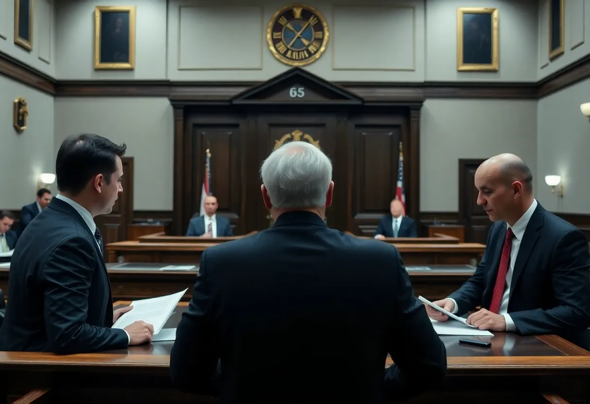 A courtroom scene emphasizing legal professionals and discussions on ethics.