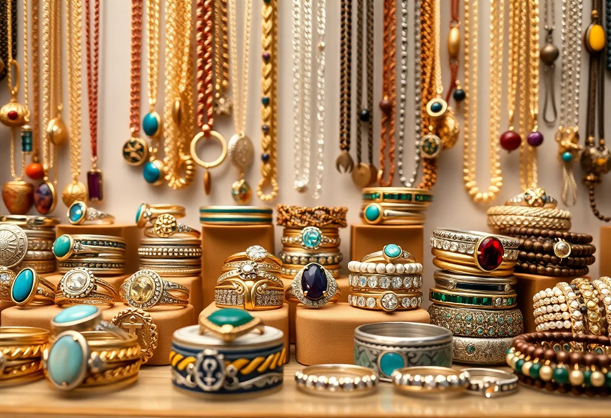 Colorful display of Lovechild jewelry pieces including rings and bracelets.