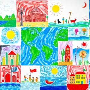 Student artworks displayed for the Lusophone Calendar Art Contest