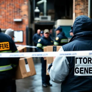 Law enforcement officers conducting an investigation at a mill building