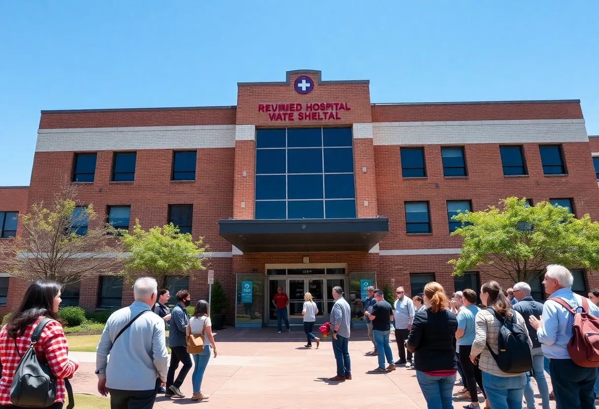 Exterior view of the former Memorial Hospital transformed into a homeless shelter.