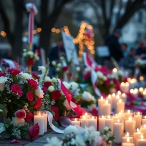 Memorial setup with flowers and candles for a beloved student.