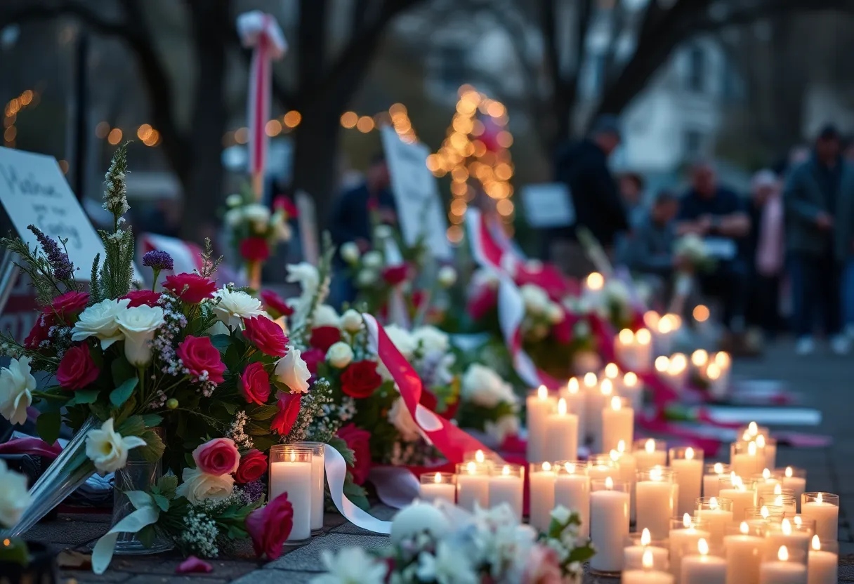 Memorial setup with flowers and candles for a beloved student.