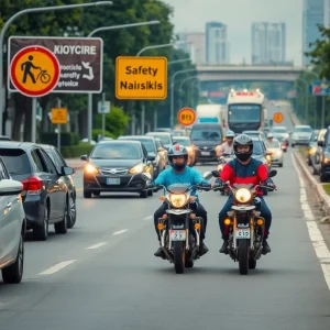 Motorcyclists adhering to safety regulations on a busy road