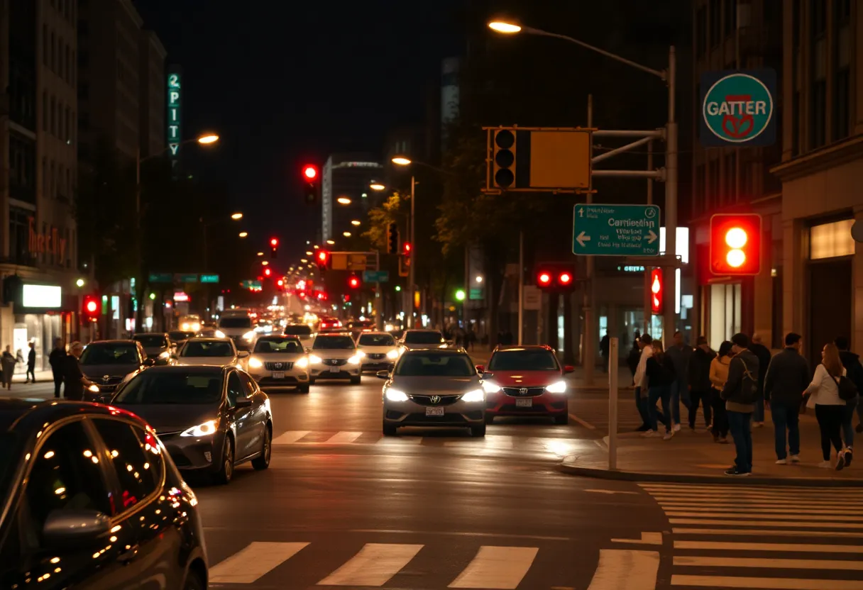 Nighttime view of a busy North Providence street with pedestrian safety features.