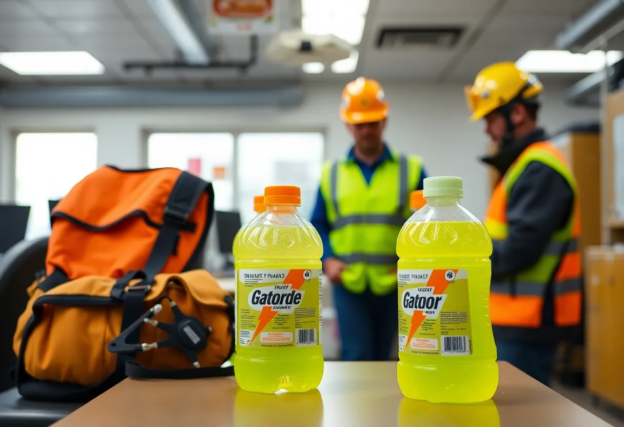 Public Works Department office showing Gatorade bottles and safety gear
