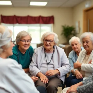 Group of seniors discussing healthcare challenges in a nursing home