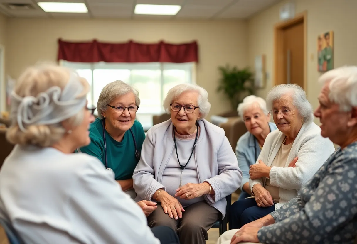 Group of seniors discussing healthcare challenges in a nursing home