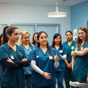 Diverse nursing students in a simulation lab practicing nursing skills