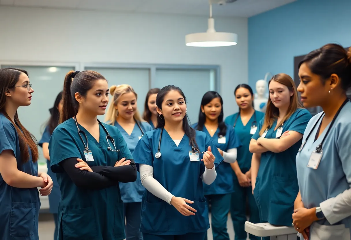 Diverse nursing students in a simulation lab practicing nursing skills