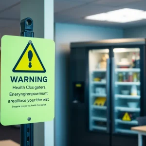 Warning sign for workplace safety near a refrigerator