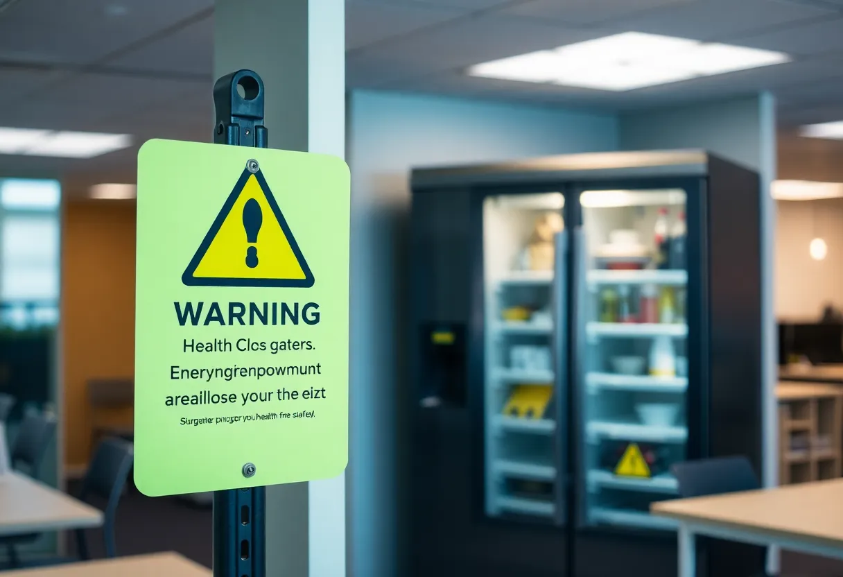 Warning sign for workplace safety near a refrigerator