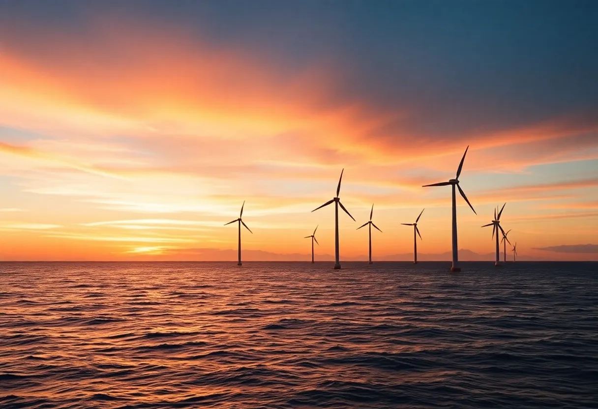 Offshore wind turbines against a sunset sky