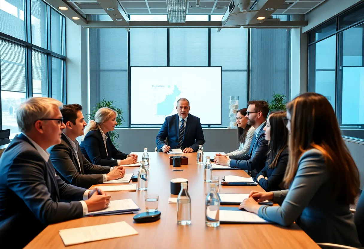 Participants at a business meeting discussing economic growth in Rhode Island.