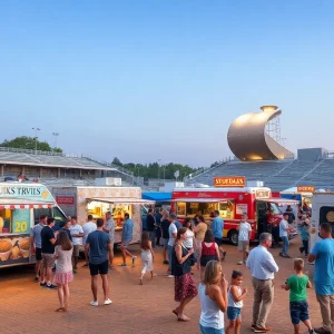 Crowd enjoying food trucks at the Pawtucket Food Truck Festival