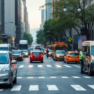 Urban street with pedestrians and traffic, highlighting safety concerns.