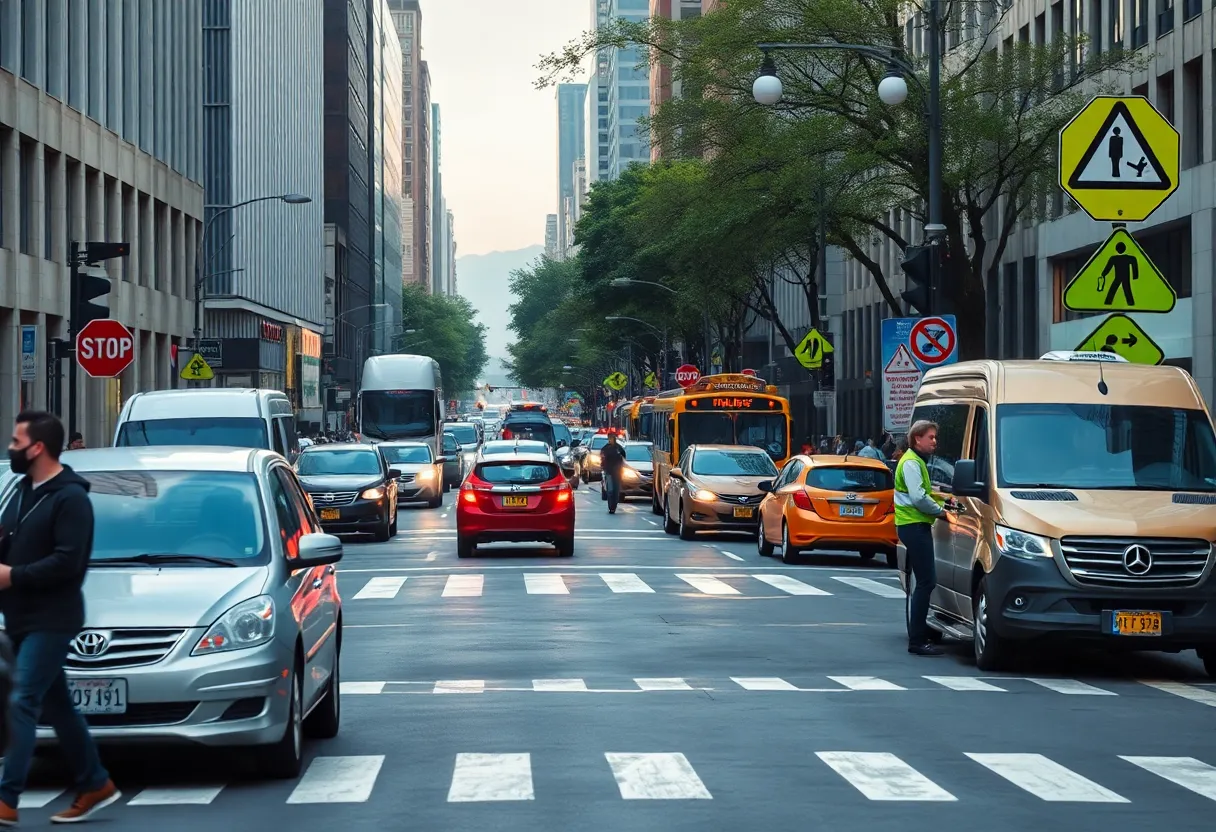 Urban street with pedestrians and traffic, highlighting safety concerns.