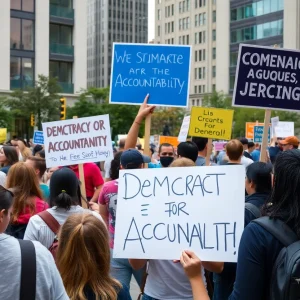 Demonstrators holding signs during a protest against government policies