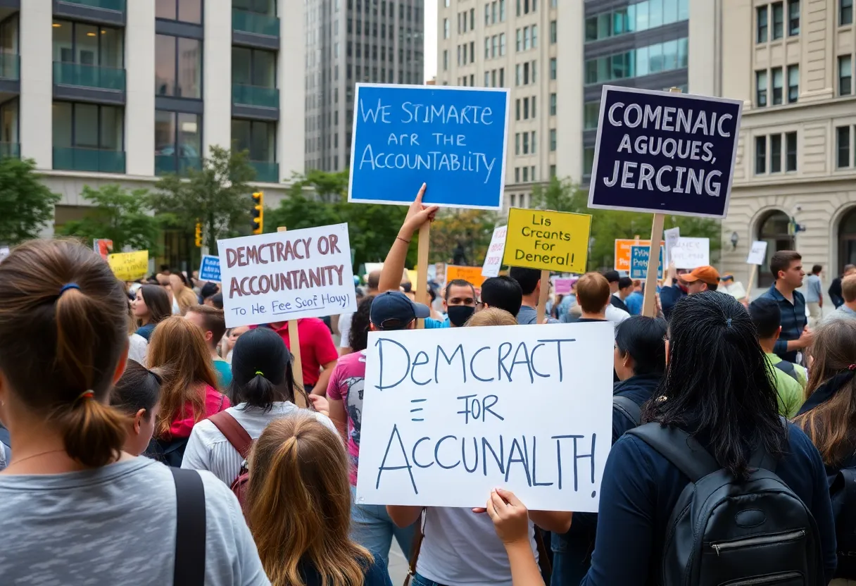 Demonstrators holding signs during a protest against government policies
