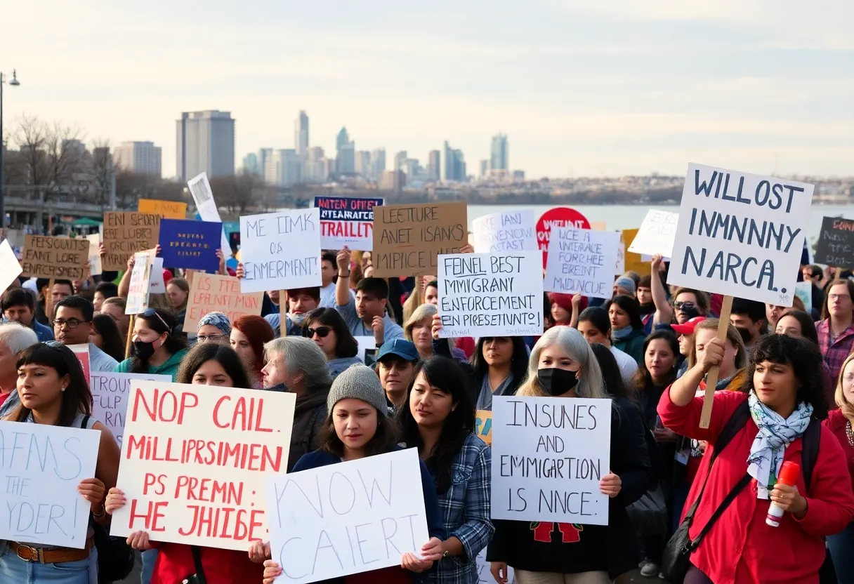 Demonstrators protesting against immigration arrests in Rhode Island