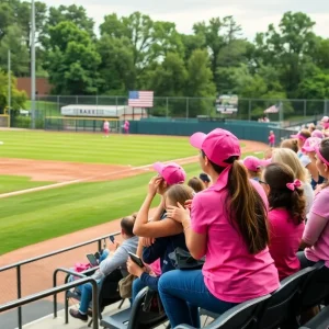 Collegiate softball game at Glay Field with fans supporting Breast Cancer Awareness