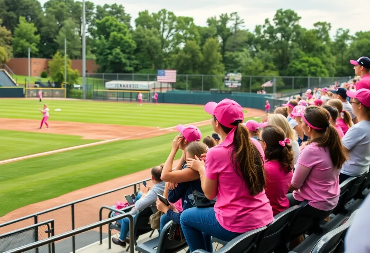 Collegiate softball game at Glay Field with fans supporting Breast Cancer Awareness
