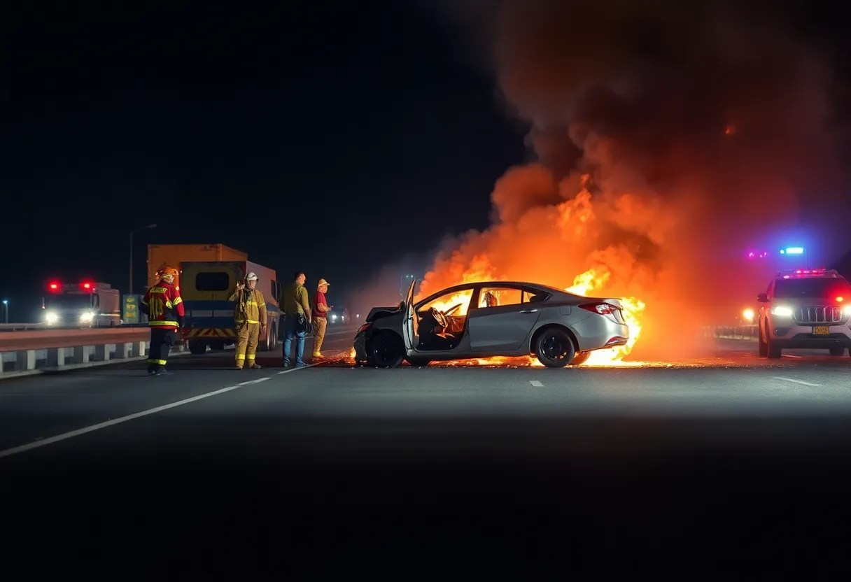 A vehicle engulfed in flames after a crash on I-95 in Providence, with emergency responders at the scene.