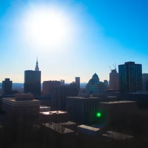 The skyline of Providence during a heat wave with visible heat distortion.