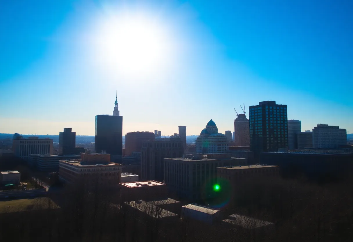 The skyline of Providence during a heat wave with visible heat distortion.