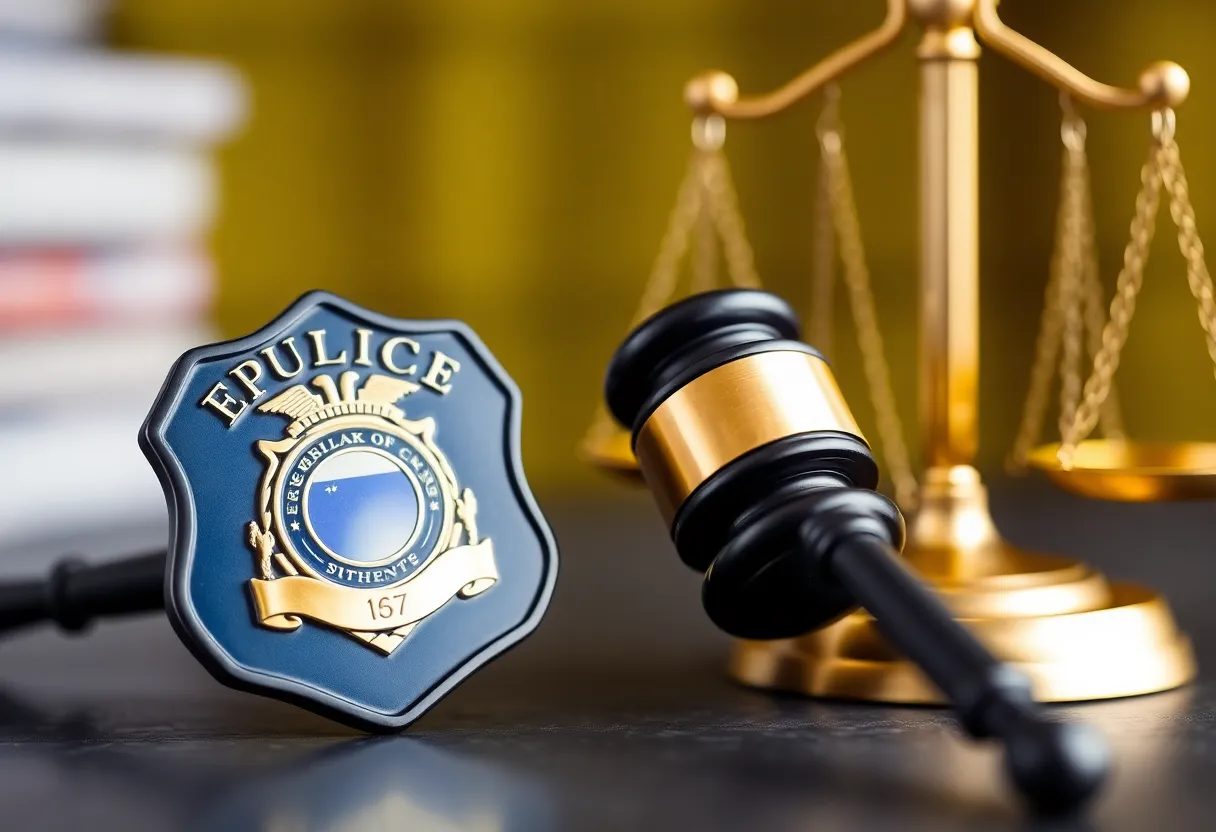 Police badge, gavel, and scales of justice symbolizing law enforcement issues