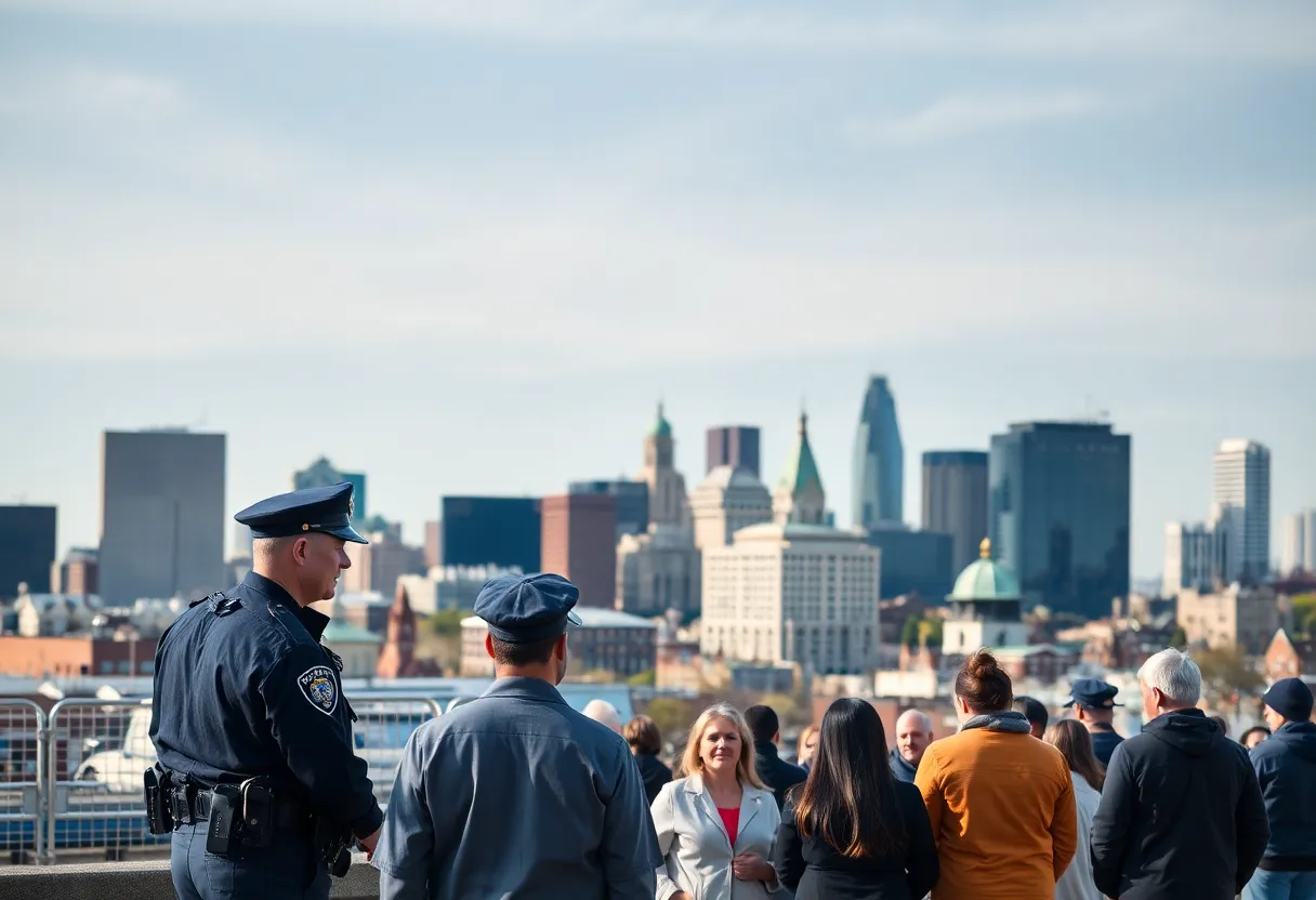Providence skyline with police station and community members