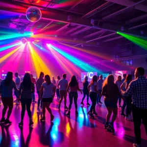 Crowd enjoying roller disco at Providence Rink