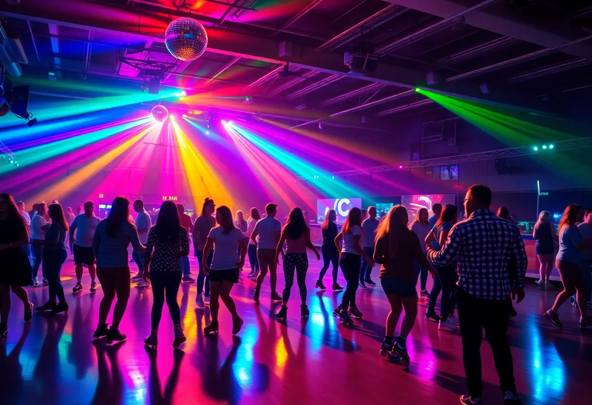 Crowd enjoying roller disco at Providence Rink