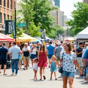 Families enjoying the Downtown Celebrates Summer festival in Providence.