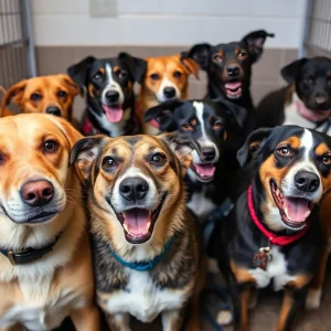 A group of rescued dogs at Providence Animal Center after Hurricane Helene
