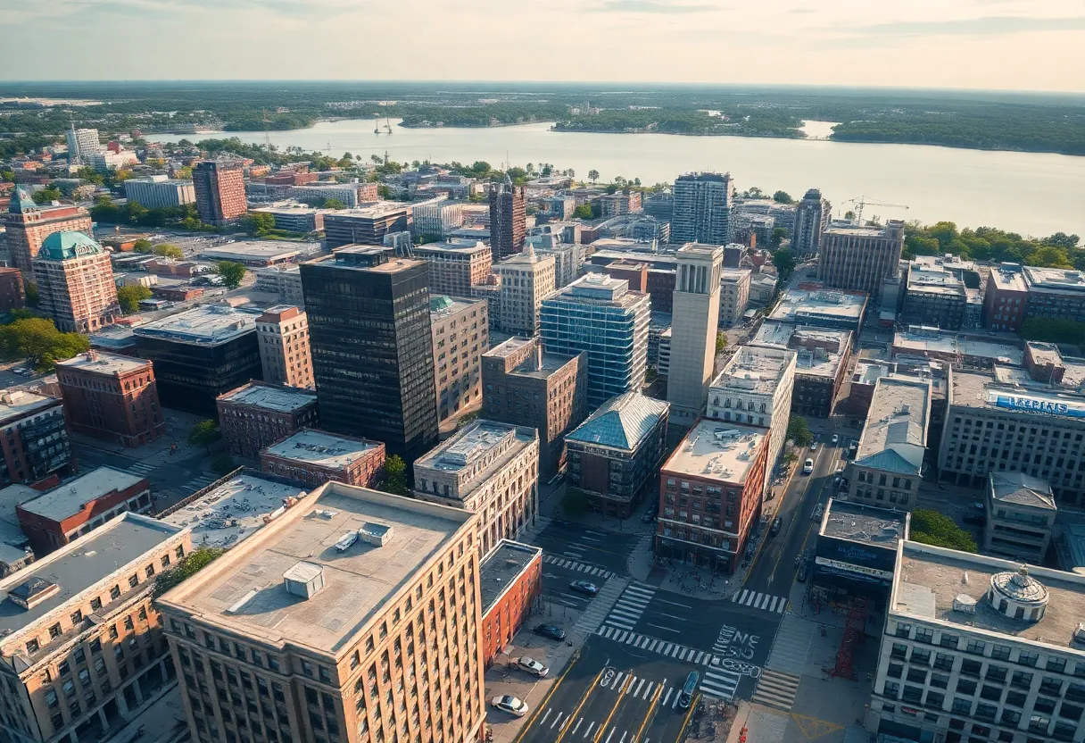 Aerial view of Rhode Island showcasing business activities