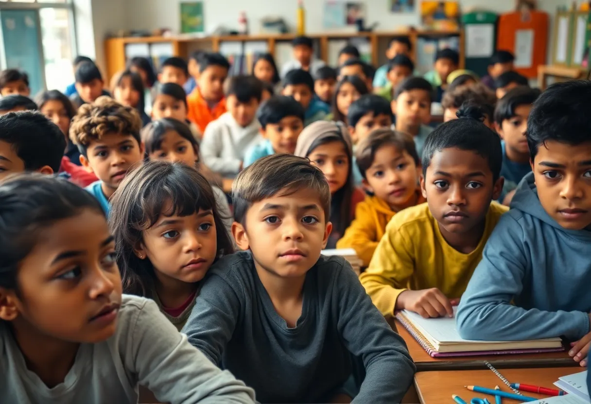 Students in a classroom exhibiting concern over education funding issues.