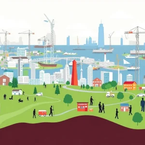 Illustration depicting the employment landscape of Rhode Island with job sectors highlighted.