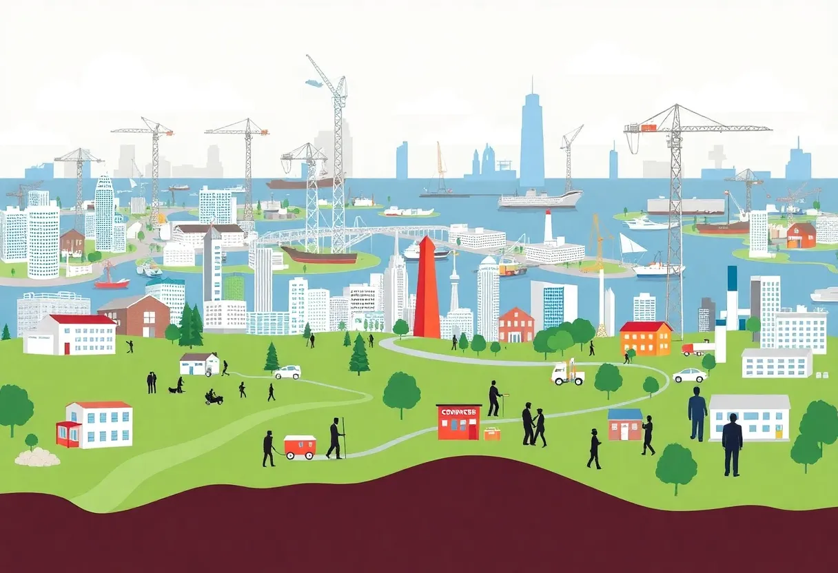 Illustration depicting the employment landscape of Rhode Island with job sectors highlighted.