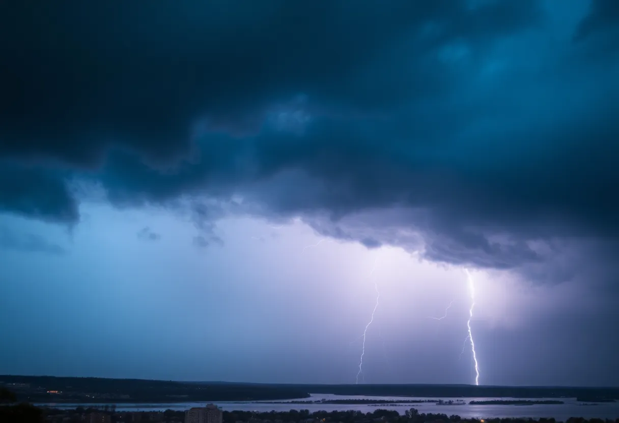 Storm clouds and lightning over Rhode Island indicating extreme weather