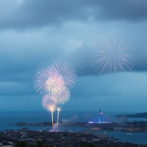 Colorful fireworks over a Rhode Island coastal town
