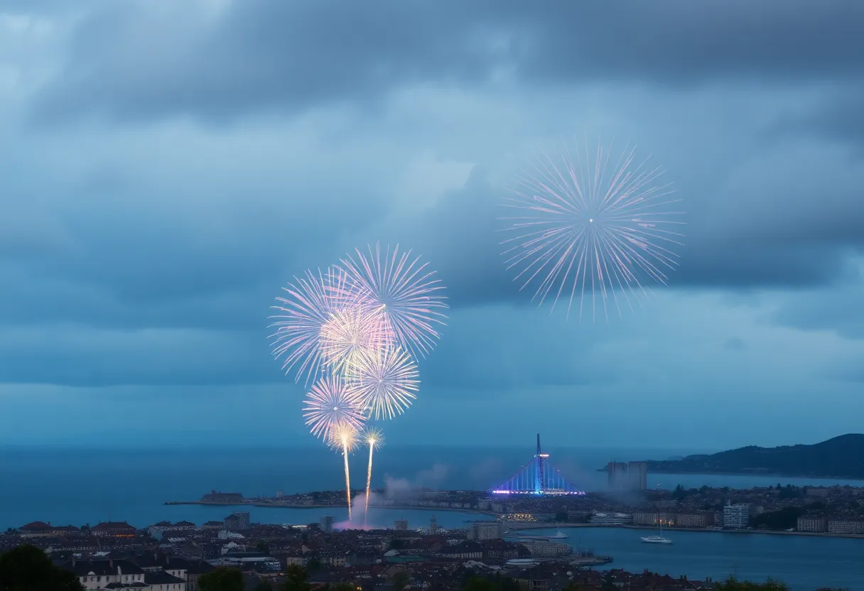 Colorful fireworks over a Rhode Island coastal town