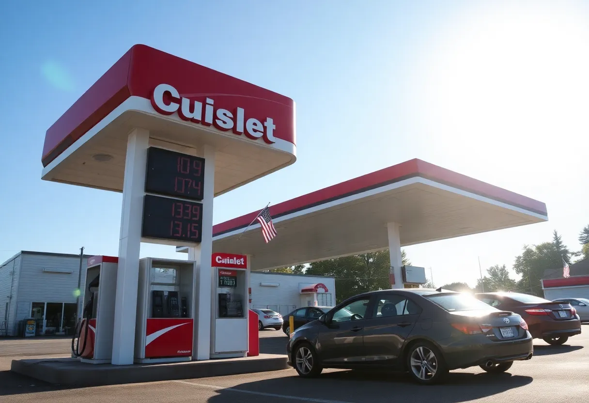 Cars at a gas station in Rhode Island with visible gas price signs.