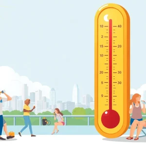 A visual representation of Rhode Island during a heatwave, with high temperatures and people taking safety measures.