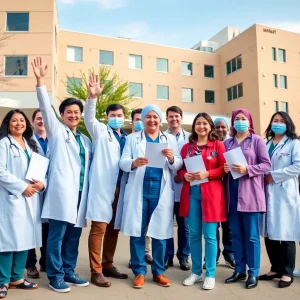 Healthcare professionals celebrating after ratifying a new contract at Rhode Island Hospital