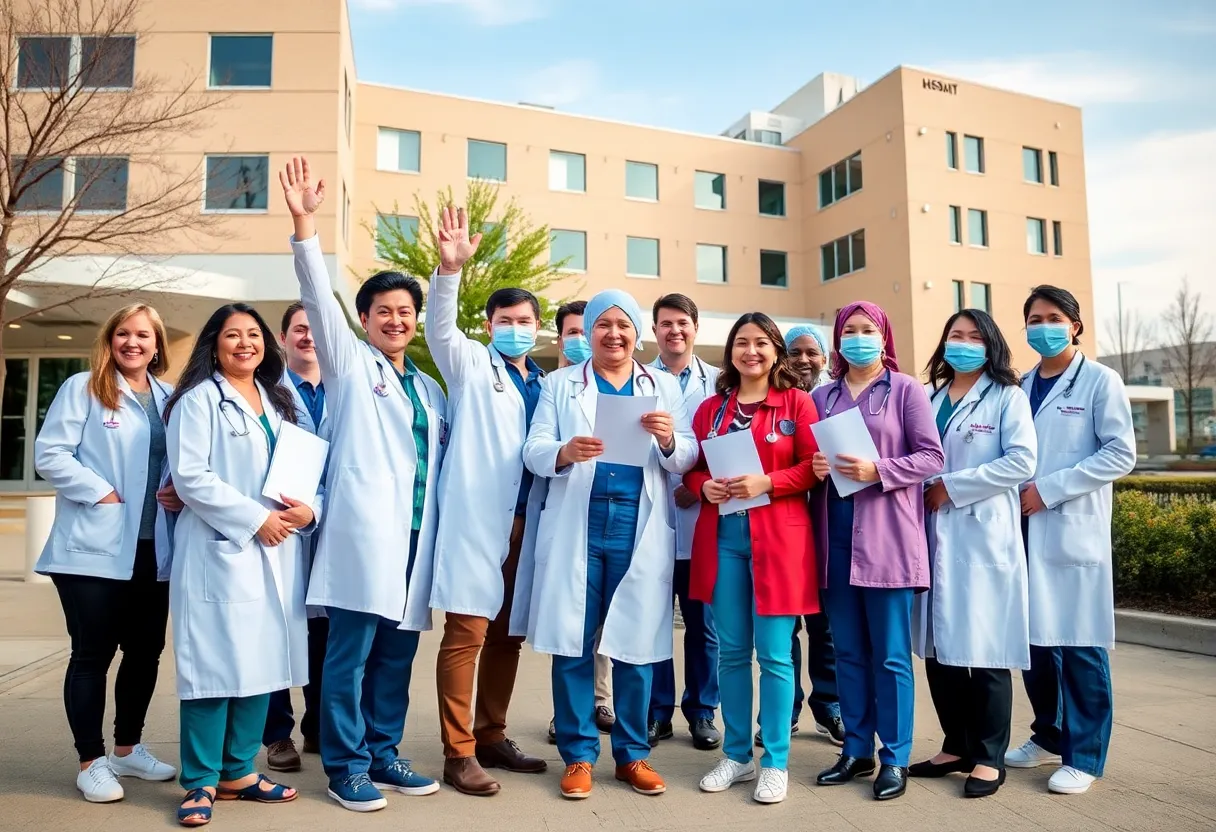 Healthcare professionals celebrating after ratifying a new contract at Rhode Island Hospital