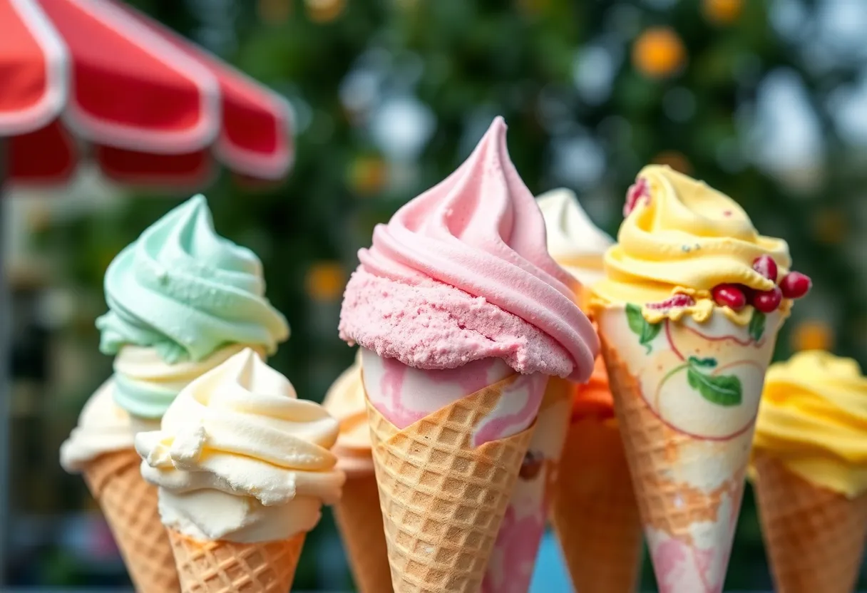 A variety of ice cream cones showcasing different flavors during summer.
