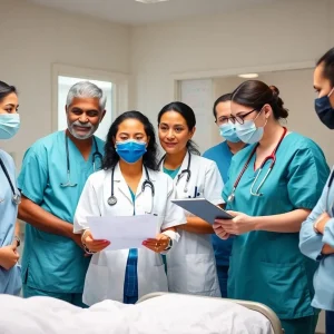 Group of nurses collaborating in a hospital.