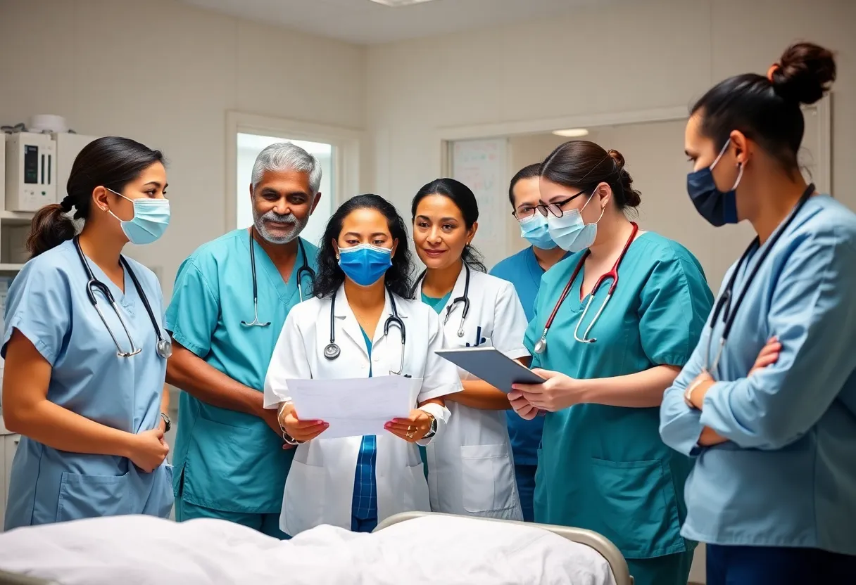Group of nurses collaborating in a hospital.